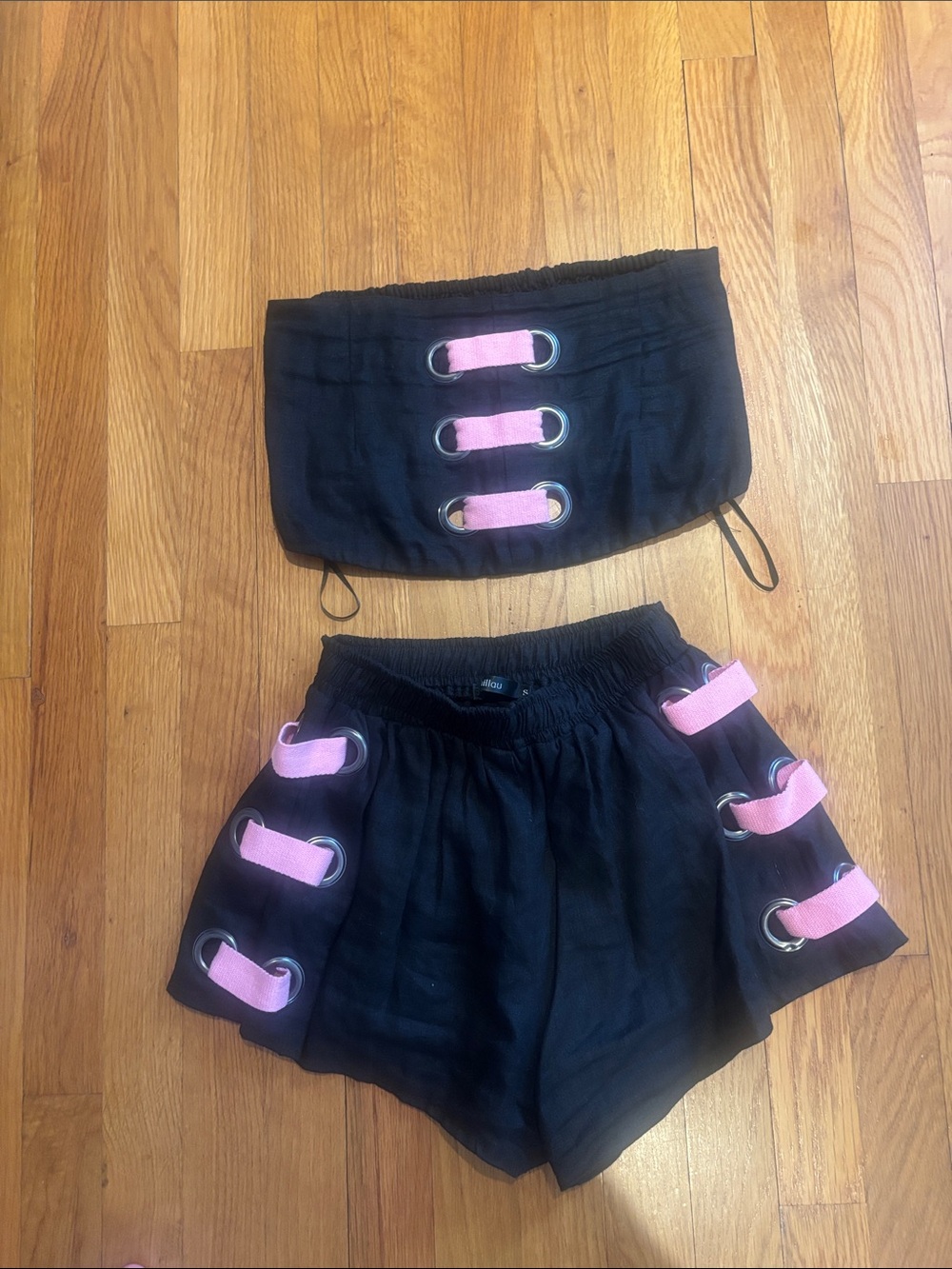 Millau Black High-Waist Shorts and top with Pink Strap Accents